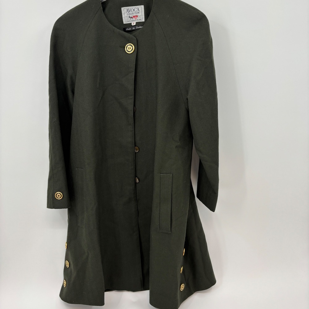 Avoca Collection Wool Coat Womens Small Green Irish Made Collarless Long Jacket